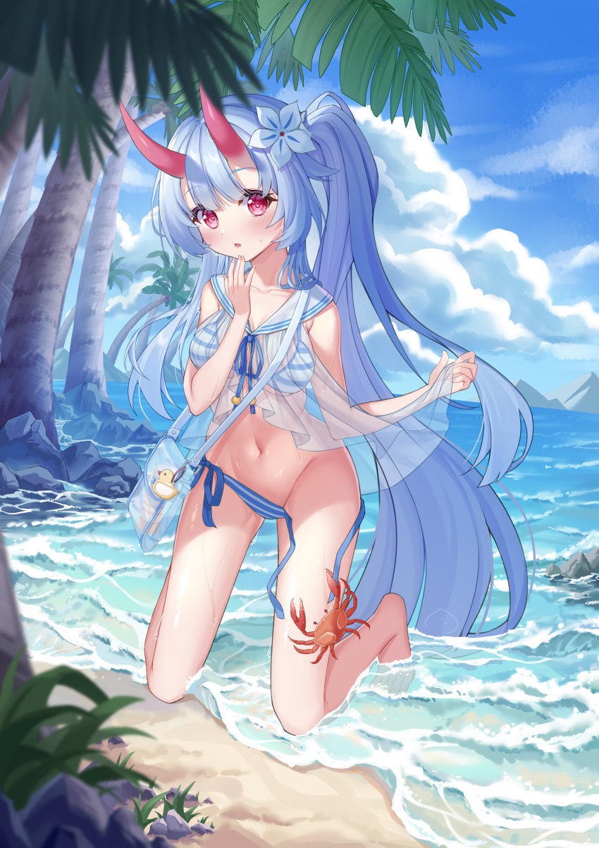 1girl absurdres bag bangs barefoot beach bikini blue_archive blue_hair blue_sky blurry blush breasts chise_(blue_archive) chise_(swimsuit)_(blue_archive) cleavage cloud cloudy_sky coconut_tree commentary_request crab depth_of_field groin hair_between_eyes halo hand_to_own_mouth handbag highres horns in_water long_hair looking_at_viewer mountainous_horizon navel ocean official_alternate_costume oni oni_horns palm_tree parted_lips peach_(user_vhwx3478) red_eyes sailor_collar see-through see-through_shirt side-tie_bikini_bottom side_ponytail sidelocks sky sleeveless solo_focus stomach striped striped_bikini swimsuit tree