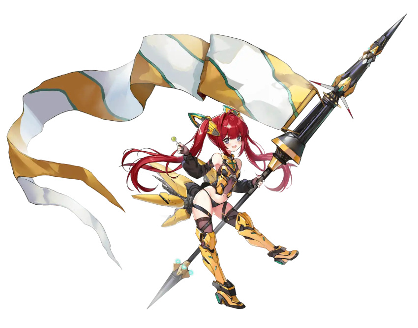 1girl armored_boots artery_gear artery_gear:_fusion artist_request boots breasts candy charlotte_(artery_gear) chupa_chups detached_sleeves fingerless_gloves food gloves headgear highres holding holding_polearm holding_weapon huge_weapon lollipop long_hair long_sleeves official_art polearm purple_eyes red_hair small_breasts third-party_source transparent_background twintails weapon