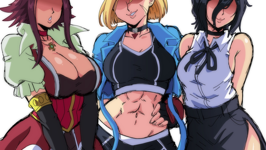 3girls abs bare_shoulders black_choker black_hair black_sports_bra blonde_hair blue_jacket breasts cammy_white chainsaw_man choker cleavage cropped_jacket elbow_gloves fingerless_gloves gloves hair_bun hand_on_hip highres izayoi_aki jacket jewelry large_breasts lewdamone lips medium_breasts multiple_girls navel neck_ribbon necklace no_eyes pants red_choker red_hair reze_(chainsaw_man) ribbon scar scar_on_face shaded_face shirt short_hair simple_background single_hair_bun sports_bra street_fighter street_fighter_6 white_shirt yoga_pants yu-gi-oh! yu-gi-oh!_5d's