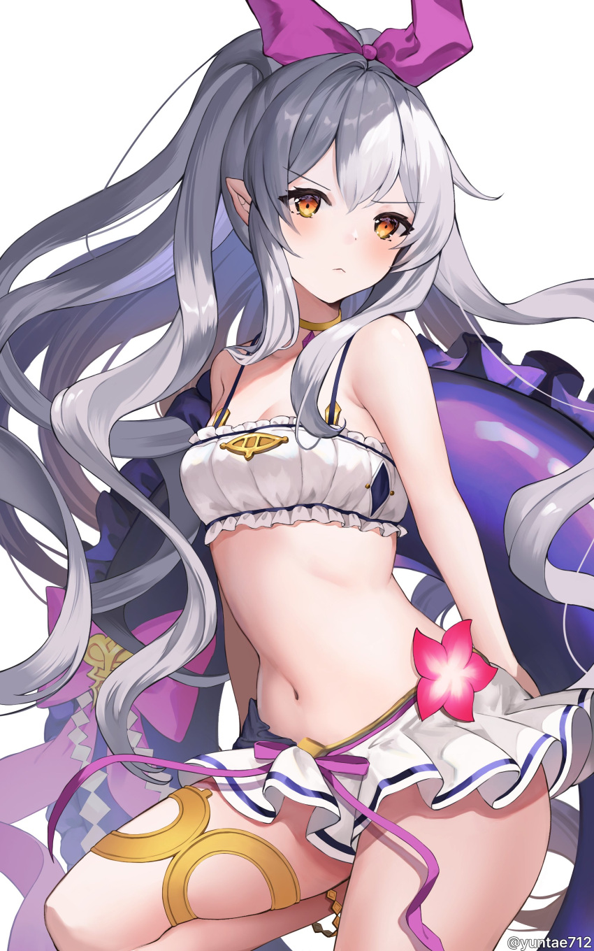 1girl absurdres bandeau bangs bare_shoulders bikini bikini_skirt blush breasts choker cleavage closed_mouth flower frown granblue_fantasy grey_hair hair_between_eyes highres innertube long_hair looking_at_viewer medusa_(shingeki_no_bahamut) navel pointy_ears sidelocks simple_background small_breasts solo swimsuit twitter_username white_background white_bikini yellow_eyes yuntae