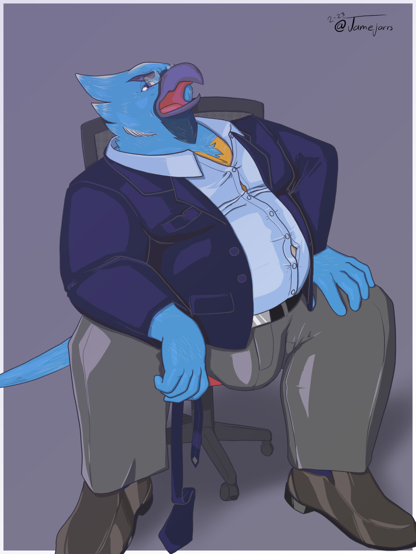 absurd_res anthro avian beak bird bluebird bulge chair clothed clothing digital_media_(artwork) eastern_bluebird furniture hi_res jamejarrs looking_at_viewer male neptune_mereaux on_chair oscine passerine simple_background sitting sitting_on_chair slightly_chubby solo solo_focus suit thrush_(bird)