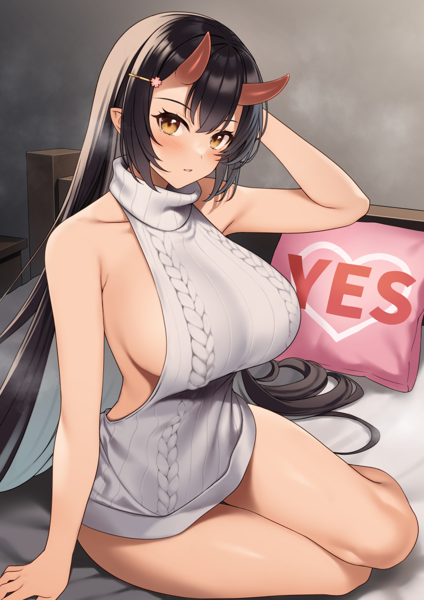 1girl absurdres arm_support arm_up bangs bare_arms bare_legs bare_shoulders bed black_hair breasts cable_knit commentary_request demon_girl enjo_kouhai hair_ornament hairclip heart highres horns indoors large_breasts long_hair looking_at_viewer meme_attire naked_sweater on_bed oni oni_horns origamine_ouka parted_lips pillow pointy_ears ribbed_sweater sideboob sidelocks sitting sleeveless sleeveless_sweater sleeveless_turtleneck solo sweater takunomi thighs turtleneck turtleneck_sweater very_long_hair virgin_killer_sweater white_sweater yellow_eyes yes yes-no_pillow yokozuwari