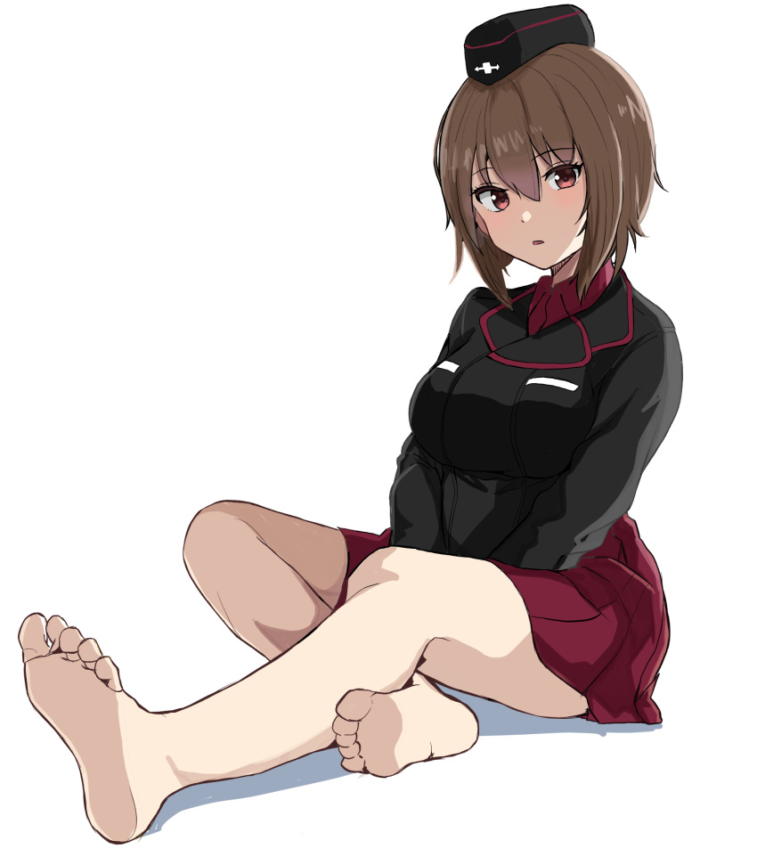 1girl barefoot black_headwear black_jacket brown_eyes brown_hair feet girls_und_panzer highres jacket kuromorimine_military_uniform legs long_sleeves looking_at_viewer nishizumi_maho open_mouth red_shirt red_skirt shirt short_hair sitting skirt soles solo suberaku toes white_background