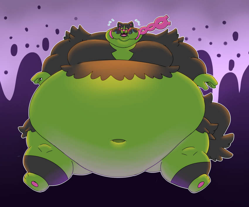 2023 3_toes 5_fingers anthro belly big_belly big_cheeks black_body black_fur blush bodily_fluids breath canid canine canis domestic_dog feet fingers fur generation_9_pokemon ghgbn green_belly green_body green_fur half-closed_eyes hi_res hyper hyper_belly legendary_pokemon lidded_eyes looking_at_belly looking_at_own_belly looking_down looking_down_at_self male mammal multicolored_body multicolored_fur musclegut muscular muscular_anthro muscular_male narrowed_eyes navel nintendo obese obese_anthro obese_male okidogi overweight overweight_anthro overweight_male panting pawpads pink_pawpads pink_tongue pokemon pokemon_(species) sitting solo sweat sweatdrop teeth toes tongue tongue_out two_tone_body two_tone_fur