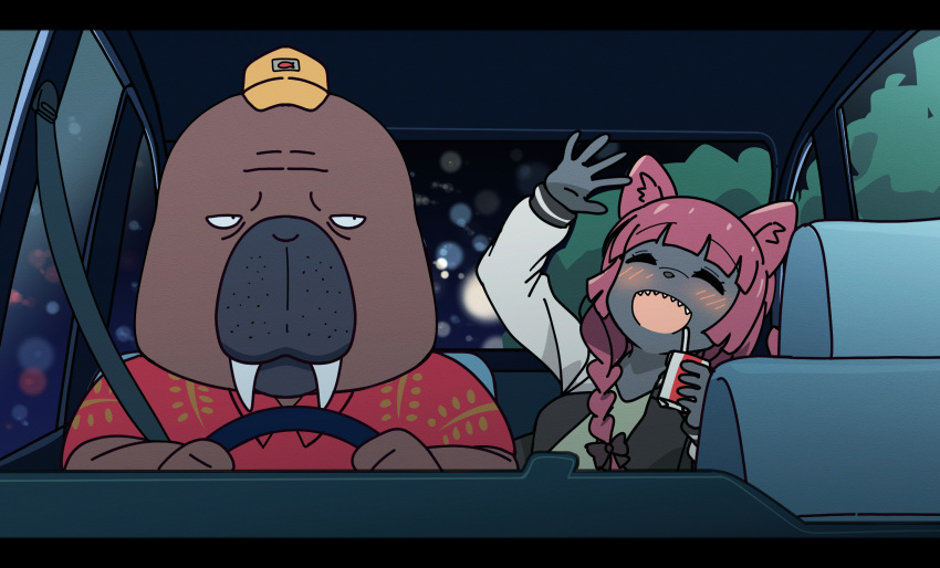 1boy alcohol bangs baseball_cap black_bow black_jacket blunt_bangs blush bocchi_the_rock! bow car car_interior cat closed_eyes crossover driving drunk furry furry_female furry_male goumonsha ground_vehicle hair_bow hair_over_shoulder hat highres hiroi_kikuri holding_carton jacket long_hair long_sleeves motor_vehicle multicolored_clothes multicolored_jacket odd_taxi odokawa_hiroshi open_clothes open_jacket open_mouth red_hair red_shirt sake sharp_teeth shirt teeth two-tone_jacket walrus white_jacket yellow_headwear