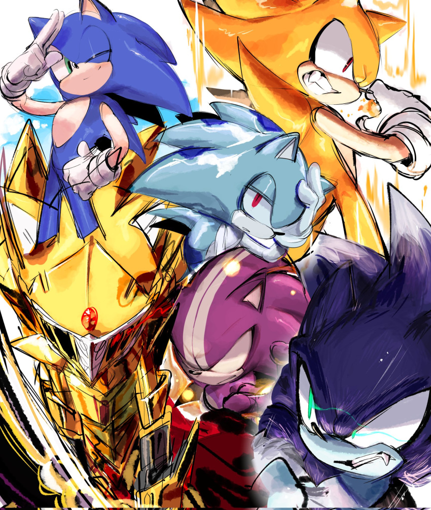 1boy armor blank_eyes blue_eyes fang furry furry_male gloves green_eyes highres male_focus multiple_views red_eyes sonic_(series) sonic_the_hedgehog sonic_the_werehog super_sonic usa37107692 white_gloves