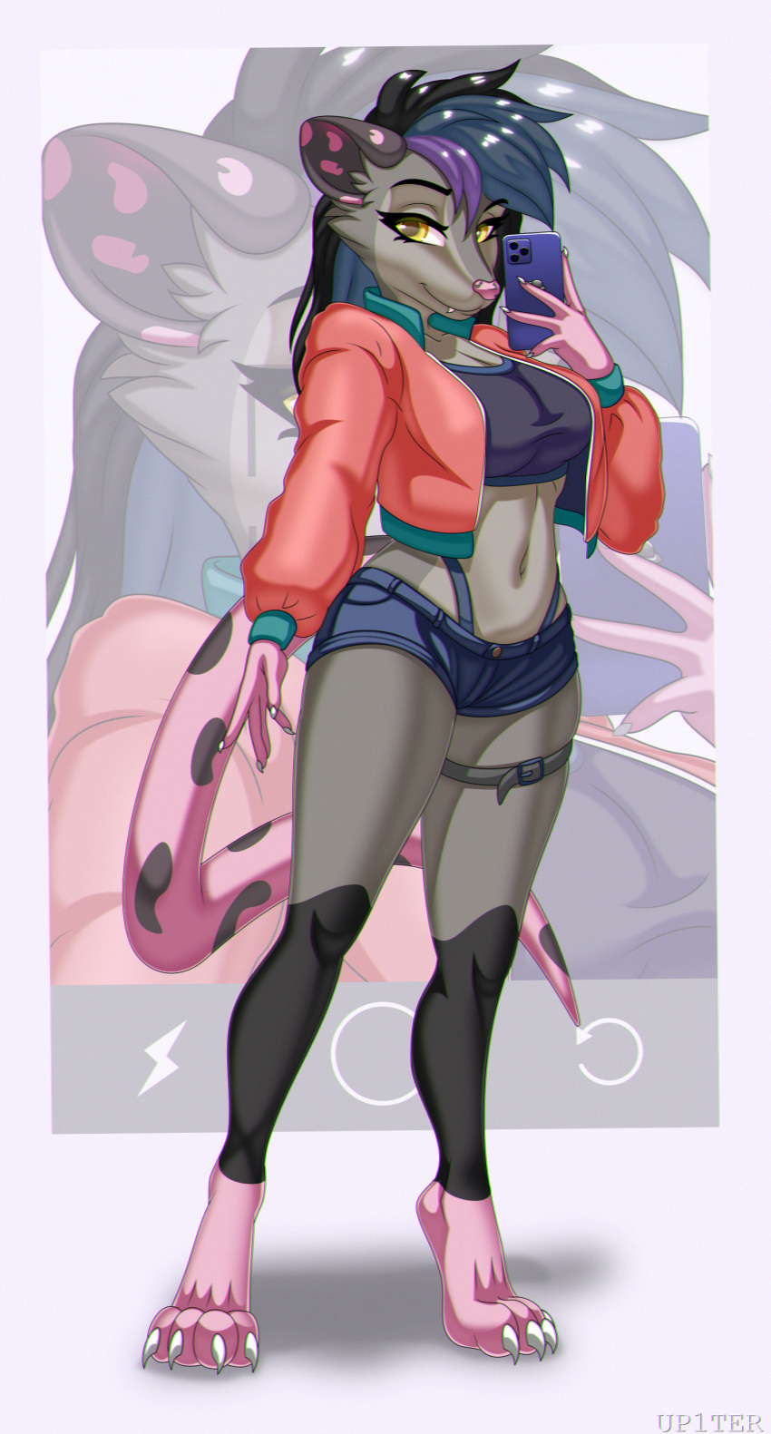 absurd_res anthro bottomwear clothed clothing didelphid female hi_res hotpants looking_at_viewer mammal marsupial midriff navel notde_(oc) phone shorts solo up1ter virginia_opossum