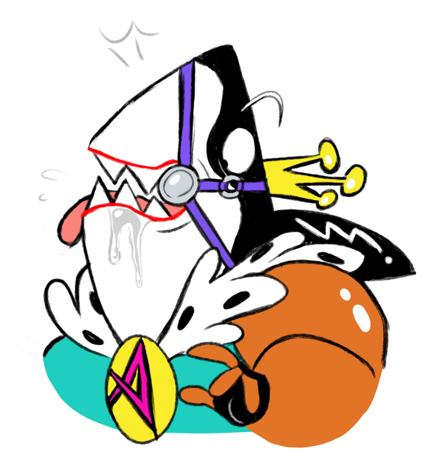 anthro bit_gag bodily_fluids cape clothing crown drooling emperor_awesome fingerless_gloves fish gag gagged gloves handwear headgear hi_res male marine saliva shark sharp_teeth solo surprised_expression teeth tongue tongue_out wander_over_yonder wormliker