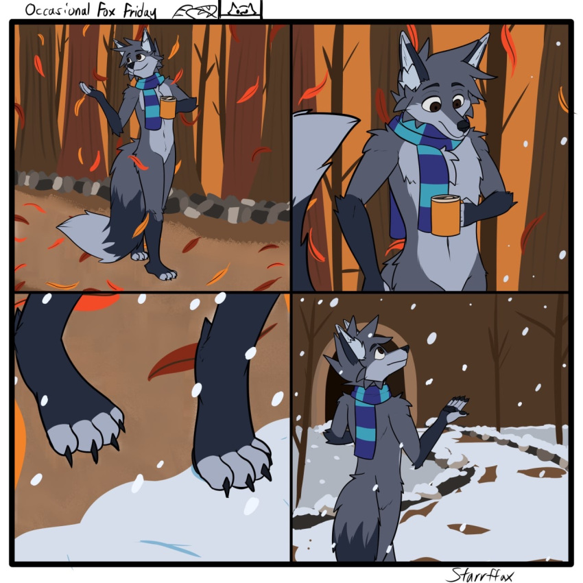 4_toes 5_fingers anthro autumn barefoot border brown_eyes canid canine coffee_mug comic dipstick_ears dipstick_tail english_text falling_leaves featureless_crotch feet fingers forest fox fur grey_body grey_fur hi_res holding_object leaf male mammal markings multicolored_body multicolored_ears multicolored_fur plant rock scarf snow snowing solo starrffax starrffax_(fox_sona) tail tail_markings text toes tree tunnel two_tone_body two_tone_fur walking walkway white_border winter