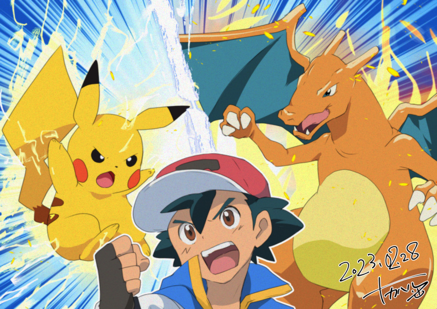 1boy ash_ketchum black_hair blue_jacket brown_eyes brown_gloves charizard claws clenched_hand commentary_request dated electricity fingerless_gloves gloves hand_up hat jacket male_focus nakaharu open_mouth pikachu pokemon pokemon_(anime) pokemon_(creature) pokemon_journeys red_headwear shirt short_hair sleeveless sleeveless_jacket teeth tongue upper_teeth_only