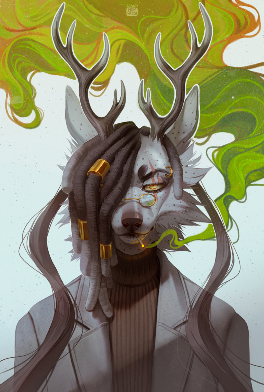 absurd_res anthro antlers artist_name brown_clothing brown_hair brown_nose brown_topwear bust_portrait canid cigarette cigarette_in_mouth clothed clothing dreadlocks eyebrow_piercing eyelashes eyewear facial_piercing facial_spots front_view fur glasses glistening glistening_eyes green_smoke grey_background grey_body grey_clothing grey_fur grey_hair grey_jacket grey_spots grey_topwear hair hair_over_eye hi_res horn hybrid jacket light_body light_fur light_hair looking_at_viewer male mammal marie_merkh narrowed_eyes object_in_mouth one_eye_obstructed piercing portrait round_glasses simple_background smoke smoking solo spots spotted_face topwear wearing_glasses yellow_eyes yellow_sclera