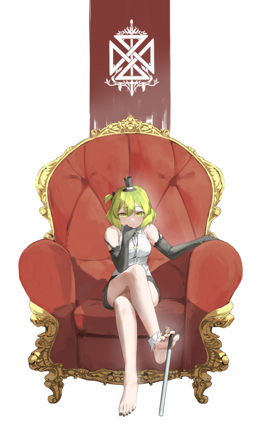 1girl absurdres bare_legs bare_shoulders barefoot between_toes black_gloves black_headwear chair crossed_legs elbow_gloves feet gloves green_eyes green_hair hat highres holding_weapon_with_feet nail_polish original oshin0_(zheng) short_hair sitting soles toenail_polish toenails toes