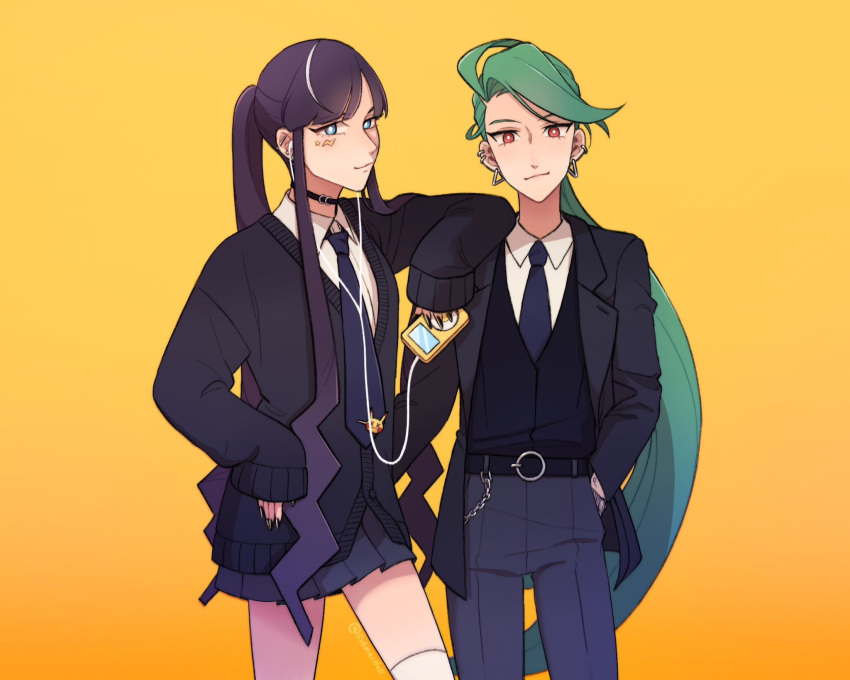 2girls ahoge alternate_hairstyle androgynous bangs black_choker black_hair black_nails blue_eyes blue_necktie blunt_bangs bright_pupils cardigan choker closed_mouth collared_shirt digital_media_player earrings elesa_(pokemon) green_hair highres holding ipod jacket jewelry long_hair looking_at_viewer multicolored_hair multiple_girls necktie open_clothes open_jacket pants pleated_skirt pokemon pokemon_(game) pokemon_bw2 pokemon_sv ponytail red_eyes rika_(pokemon) shirt sidelocks skirt smile streaked_hair submashell thighhighs very_long_hair very_long_sleeves vest white_hair white_pupils white_thighhighs yellow_background