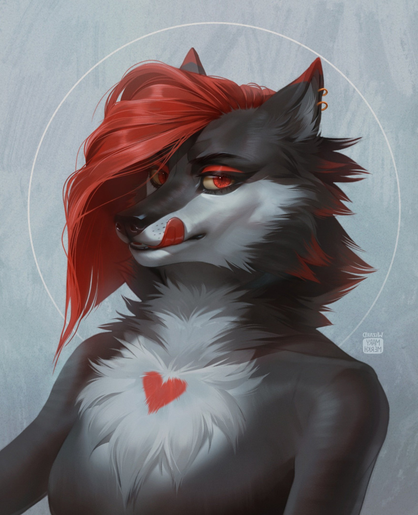 anthro artist_name black_nose bust_portrait canid cheek_tuft chest_markings ear_piercing ear_ring facial_tuft female fur grey_body grey_fur hair hi_res licking licking_lips licking_own_lips looking_at_viewer mammal marie_merkh markings neck_tuft piercing portrait pupils red_eyes red_hair red_markings red_tongue ring_piercing simple_background slit_pupils solo tongue tongue_out tuft yellow_sclera