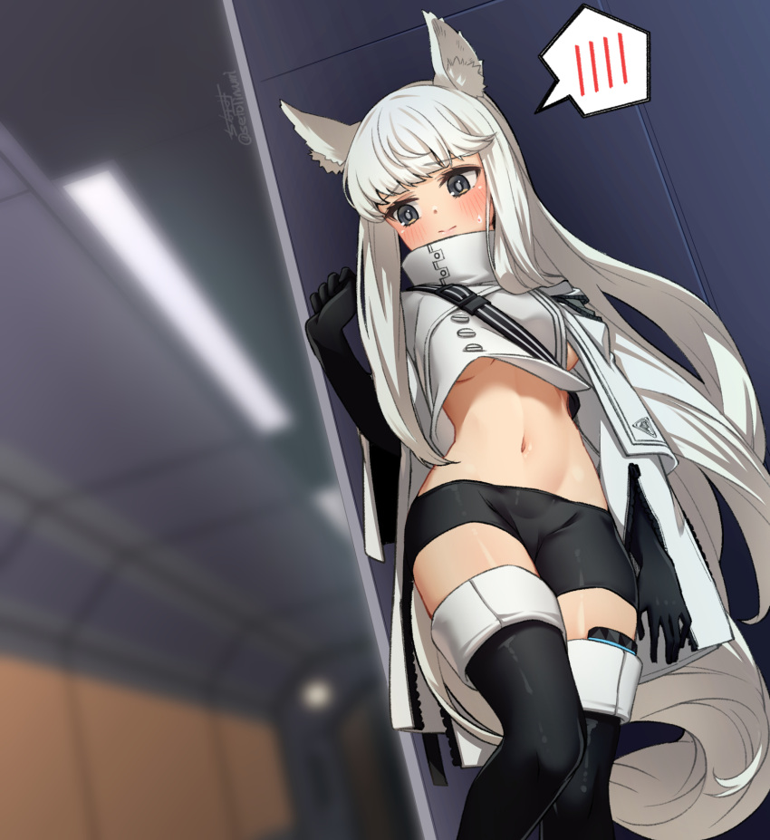1girl against_wall animal_ears arknights bangs bike_shorts black_footwear black_gloves black_shorts blush boots breasts brown_eyes closed_mouth crop_top elbow_gloves embarrassed feet_out_of_frame gloves hand_up high_collar highres horse_ears horse_girl horse_tail indoors long_hair long_sleeves looking_away looking_to_the_side medium_breasts navel platinum_(arknights) revealing_clothes seto_tinami shorts signature solo speech_bubble spoken_blush standing tail thigh_boots underboob very_long_hair white_hair wide_sleeves