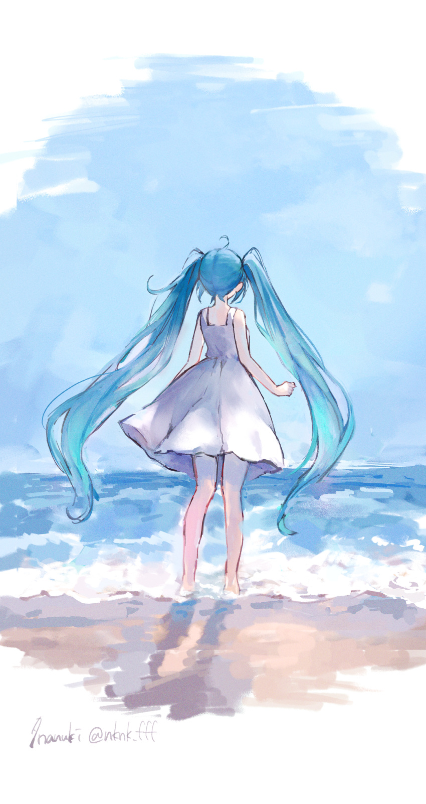 1girl absurdres ahoge bare_arms bare_legs blue_sky commentary_request dress from_behind full_body green_eyes hatsune_miku highres long_hair ocean signature sky soaking_feet solo standing tananuki twintails twitter_username very_long_hair vocaloid white_background white_dress