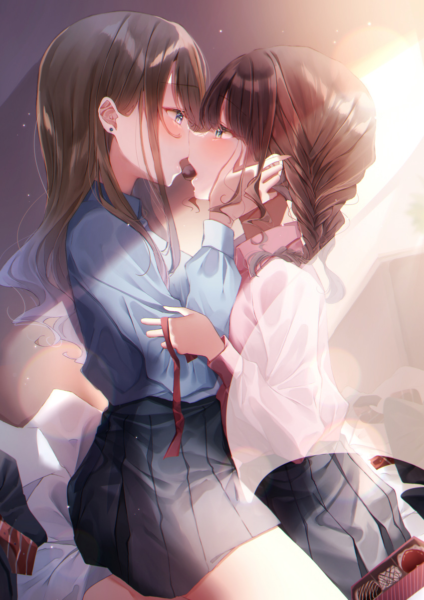 2girls absurdres bangs black_skirt blue_shirt blush box braid brown_hair chocolate curtains dress_shirt earrings gift gift_box half-closed_eyes hands_on_another's_face highres indoors jewelry kiss kneeling long_hair looking_at_another low_twin_braids low_twintails medium_hair miniskirt mouth_hold multiple_girls original pink_shirt pleated_skirt shared_food shirt skirt straddling stud_earrings sunlight touki_matsuri twin_braids twintails valentine wind yuri