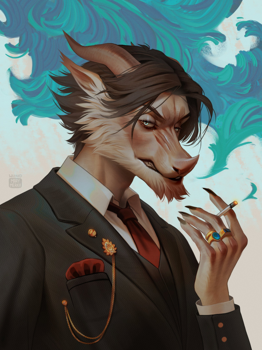 absurd_res anthro artist_name black_clothing black_jacket black_topwear blue_eyes brown_hair bust_portrait cheek_tuft cigarette clothed clothing eyelashes facial_tuft fur hair hi_res holding_cigarette holding_object horn jacket looking_at_viewer male marie_merkh narrowed_eyes necktie orange_body orange_fur orange_horn portrait red_necktie ring_(jewelry) solo species_request topwear tuft white_clothing white_topwear