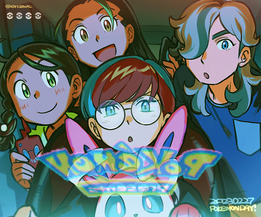 1boy 3girls :d :o alternate_costume arven_(pokemon) bangs blue_shirt blush ceiling closed_mouth commentary_request copyright_name dated elizabeth_(tomas21) eyelashes freckles glasses green_eyes hair_over_one_eye highres holding holding_phone indoors juliana_(pokemon) multiple_girls nemona_(pokemon) penny_(pokemon) phone pokemon pokemon_(creature) pokemon_(game) pokemon_sv red_hair rotom rotom_phone round_eyewear shirt short_hair smile sylveon