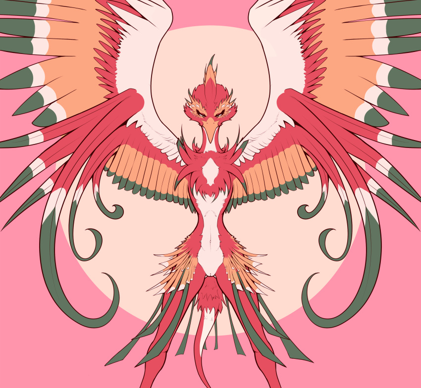 absurd_res anthro asian_mythology avian beak countershading east_asian_mythology feathered_wings feathers female front_view genitals glare green_eyes hi_res looking_at_viewer multicolored_body multicolored_feathers mythological_avian mythological_fenghuang mythological_firebird mythology navel nude pose power_stance pussy red_body simple_background solo standing symmetry winged_arms wings xzorgothoth