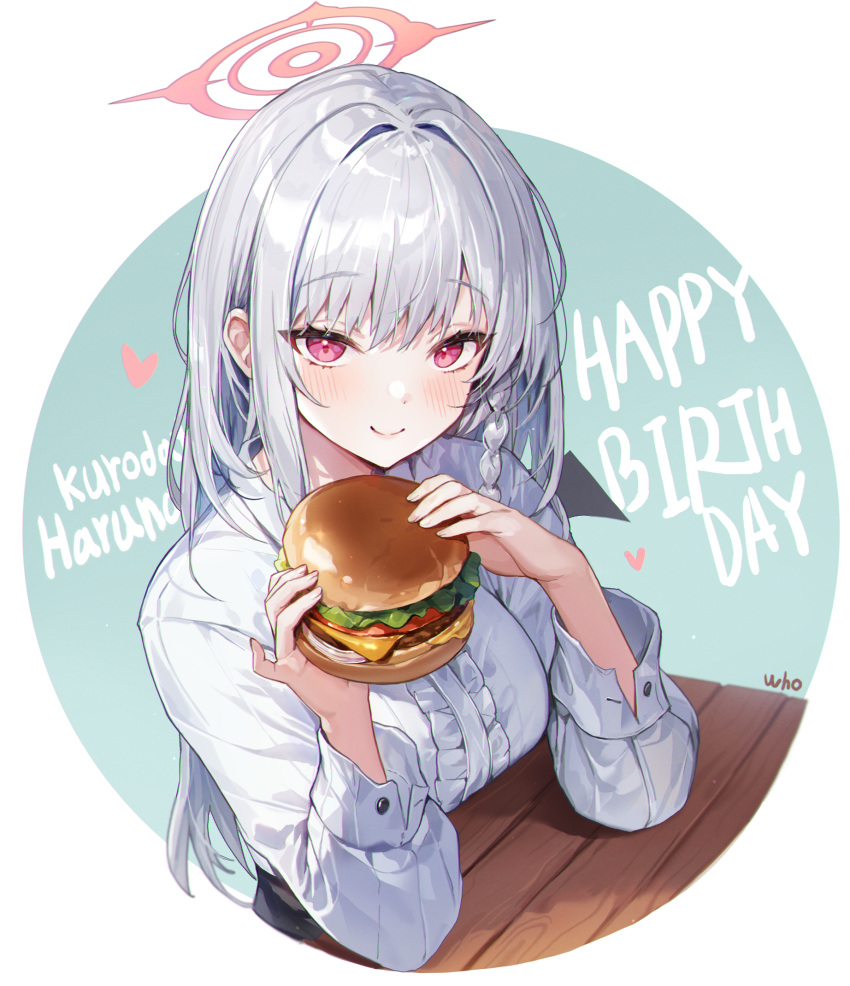 1girl birthday blue_archive blush braid burger center_frills character_name circle demon_wings food frills grey_hair halo happy_birthday haruna_(blue_archive) heart highres holding holding_food long_hair looking_at_viewer red_eyes shirt simple_background single_braid smile solo straight_hair table white_shirt whoisshe wings wooden_table