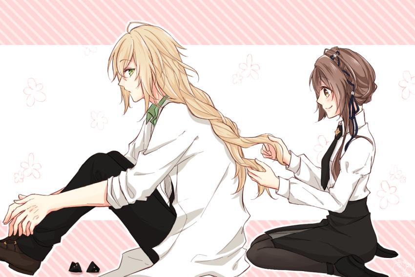 1boy 1girl black_necktie black_skirt blonde_hair blush braid braiding_hair brown_eyes brown_hair closed_mouth collar_x_malice facing_away green_eyes green_shirt hairdressing himari_(h0nvn0_a) hoshino_ichika_(collar_x_malice) labcoat long_hair long_sleeves looking_to_the_side necktie shiraishi_kageyuki shirt skirt smile white_shirt