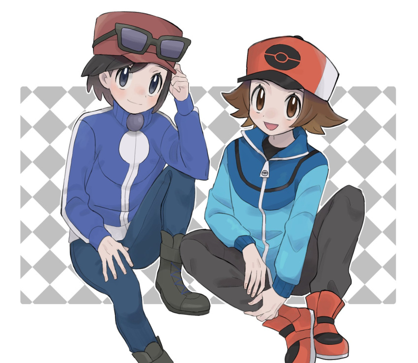 2boys :d black-framed_eyewear black_shirt blue_jacket boots brown_eyes brown_hair calem_(pokemon) closed_mouth eyewear_on_headwear grey_pants hand_up hat highres hilbert_(pokemon) jacket long_sleeves looking_at_viewer male_focus multiple_boys open_mouth pants poke_ball_print pokemon pokemon_(game) pokemon_bw pokemon_xy red_footwear red_headwear sana_(37pisana) shirt shoes short_hair sitting skinny_jeans smile sunglasses turtleneck turtleneck_jacket