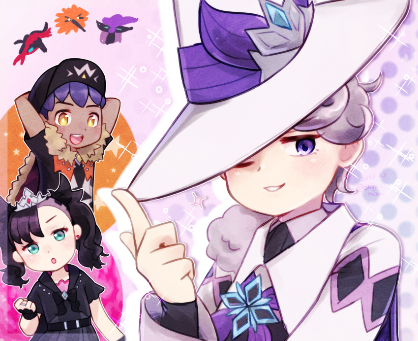 1girl 2boys :d arm_behind_head bangs bede_(champion)_(pokemon) bede_(pokemon) black_headwear blush chibi commentary_request galarian_articuno galarian_moltres galarian_zapdos grey_hair hand_up hat hat_ribbon highres hop_(champion)_(pokemon) hop_(pokemon) index_finger_raised marnie_(champion)_(pokemon) marnie_(pokemon) multiple_boys official_alternate_costume one_eye_closed open_mouth parted_lips pokemon pokemon_(game) pokemon_masters_ex purple_eyes purple_hair purple_ribbon ribbon shira_mizu short_hair short_sleeves smile sparkle star_(symbol) white_headwear wizard_hat yellow_eyes