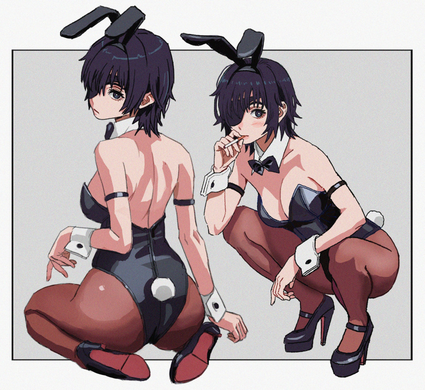 1girl absurdres animal_ears armband ass backless_leotard black_bow black_bowtie black_footwear black_leotard black_pantyhose blush bow bowtie breasts chainsaw_man cigarette cleavage collarbone detached_collar eyepatch fake_animal_ears full_body high_heels highres himeno_(chainsaw_man) holding holding_cigarette kneeling large_breasts leotard looking_at_viewer multiple_views one_eye_covered pantyhose playboy_bunny rabbit_ears rabbit_tail shiren_(ourboy83) shoulder_blades slav_squatting solo squatting strapless strapless_leotard tail wrist_cuffs