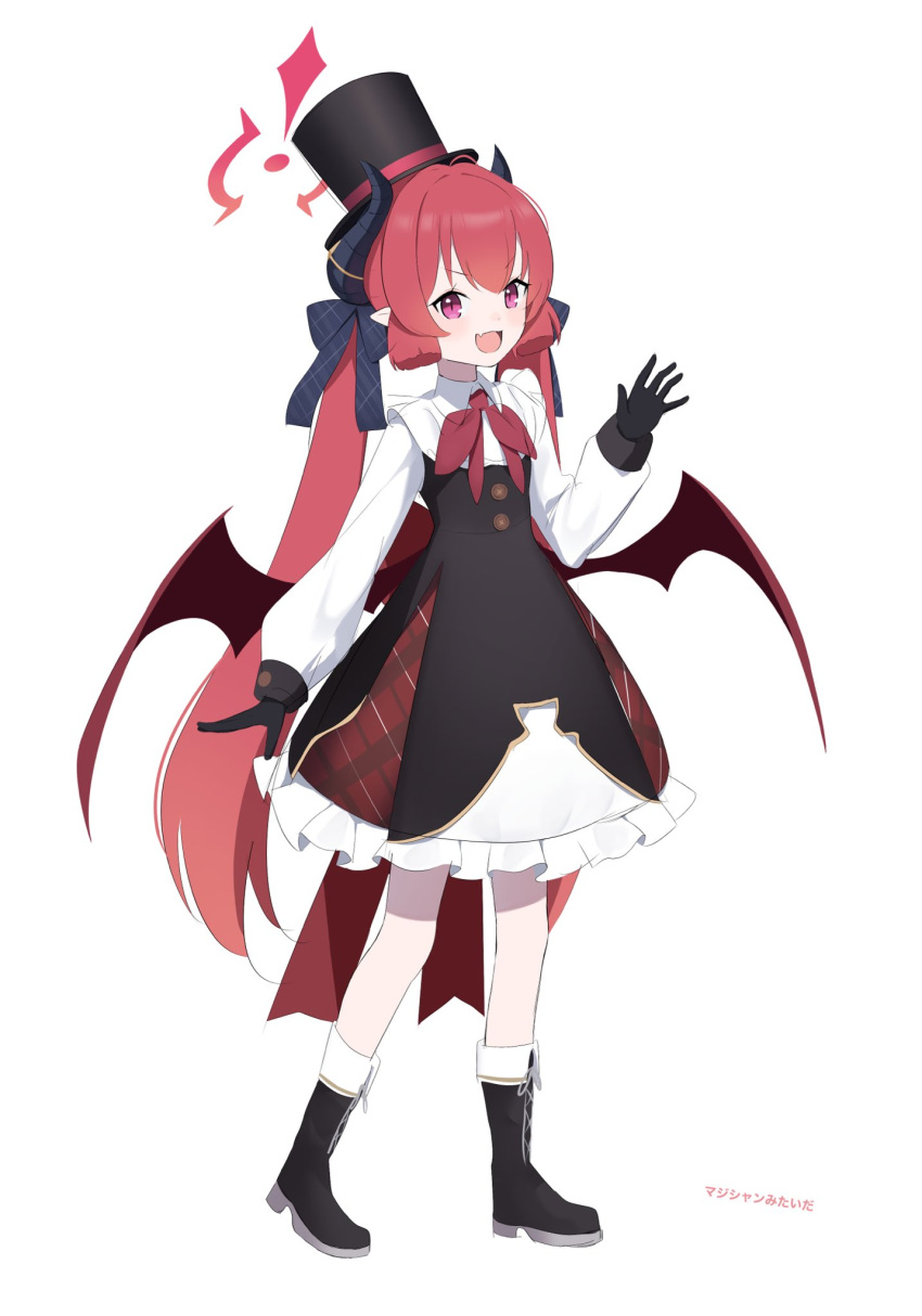 1girl :d alternate_costume beko_(beco_1122) black_footwear black_gloves black_headwear black_horns blue_archive boots bow bowtie commentary_request demon_horns demon_wings dress fang full_body gloves hair_ribbon halo hat highres horns junko_(blue_archive) long_sleeves looking_at_viewer low_wings open_mouth plaid plaid_ribbon purple_eyes red_bow red_bowtie red_hair red_wings ribbon simple_background skin_fang smile solo top_hat translation_request twintails white_background wings