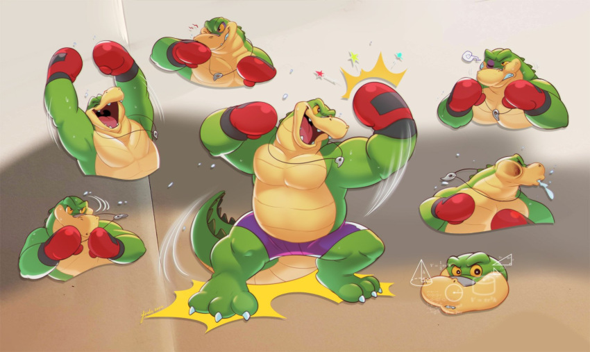 3_toes alligator alligatorid anthro boxing_gloves boxing_shorts brok_(character) brok_the_investigator clothing crocodilian feet green_body handwear hi_res male multiple_poses musclegut one_eye_closed piti_yindee pose punch reptile scalie solo toes