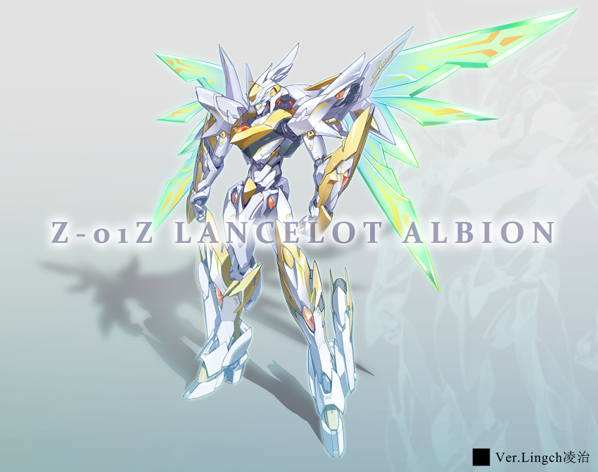 artist_name character_name clenched_hands code_geass energy_wings green_eyes highres knightmare_frame lancelot_albion lingch looking_ahead mecha no_humans redesign robot science_fiction shadow standing zoom_layer