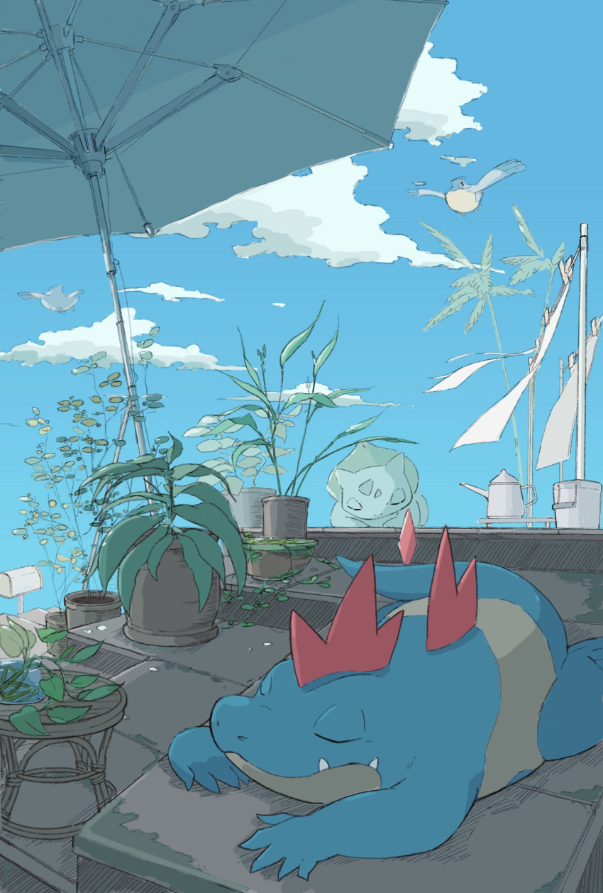 blue_sky bucket bulbasaur claws closed_eyes closed_mouth cloud croconaw fangs flower_pot flying highres laundry_pole mailbox_(incoming_mail) momota_pix pelipper plant pokemon sky sleeping umbrella watering_can zzz