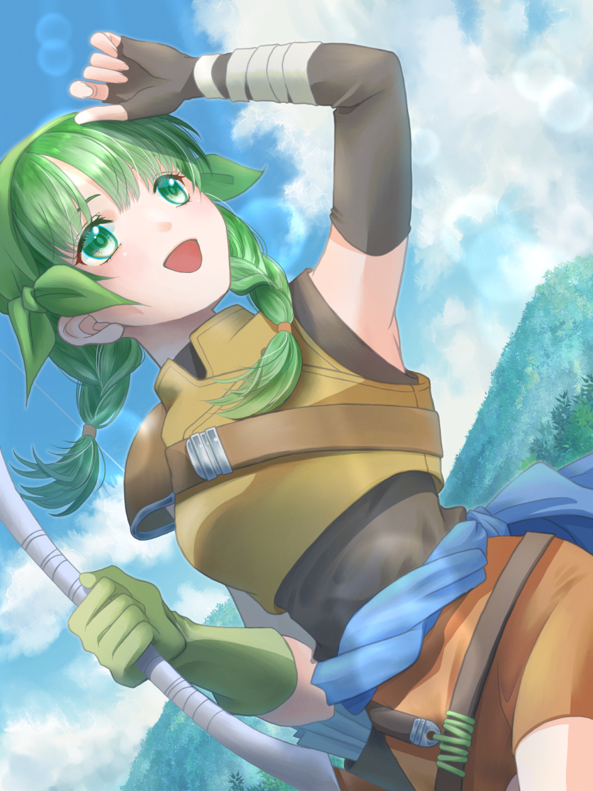 1girl :d asymmetrical_gloves bandaged_arm bandages bandana black_gloves blue_sky bow_(weapon) braid cloud elbow_gloves eyelashes fingerless_gloves fire_emblem fire_emblem:_the_blazing_blade gloves green_bandana green_eyes green_gloves green_hair green_headwear green_pupils ha_(pixiv2276) highres holding holding_bow_(weapon) holding_weapon lens_flare long_hair mismatched_gloves open_mouth orange_shorts outdoors quiver rebecca_(fire_emblem) shorts single_elbow_glove single_fingerless_glove single_shoulder_pad sky smile solo twin_braids weapon