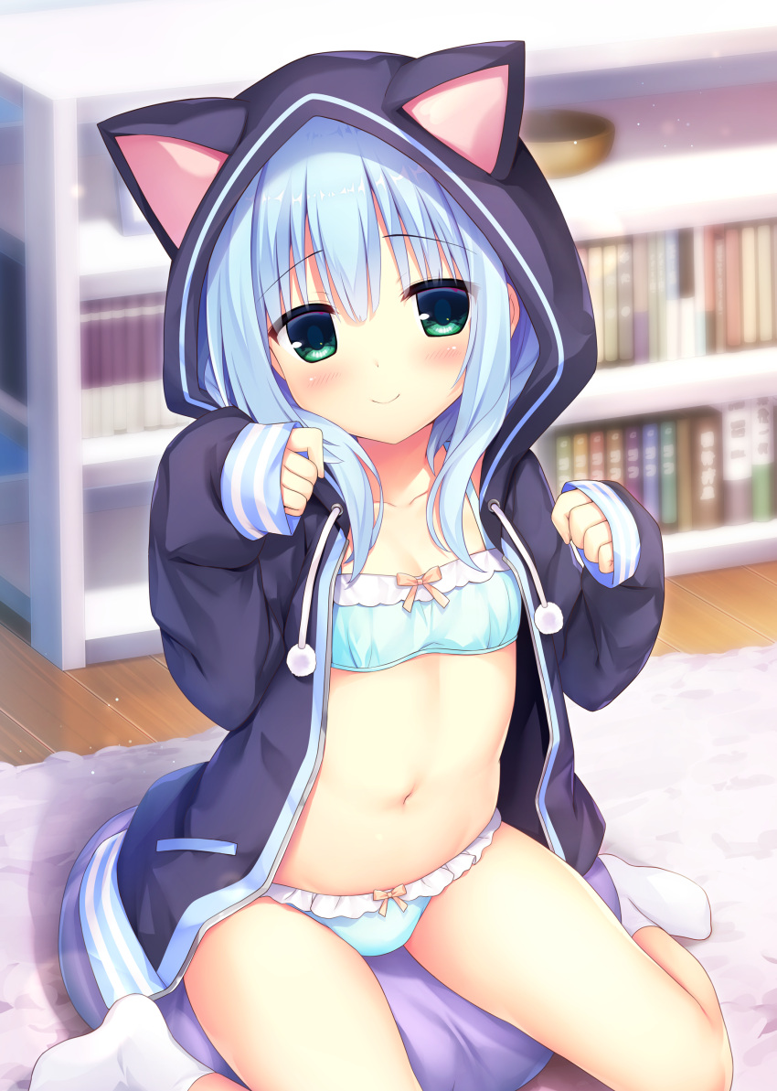 1girl absurdres animal_hood bangs blue_bra blue_hair blue_panties blurry blurry_background blush bow bow_bra bow_panties bra cat_hood closed_mouth depth_of_field frilled_panties frills green_eyes hamidashi_creative highres hood hood_up hooded_jacket indoors jacket long_sleeves looking_at_viewer medium_hair navel nishiki_asumi no_pants on_floor on_pillow open_clothes open_jacket panties rug sitting sleeves_past_wrists smile socks solo training_bra underwear utsunomiya_tsumire wariza white_socks wooden_floor