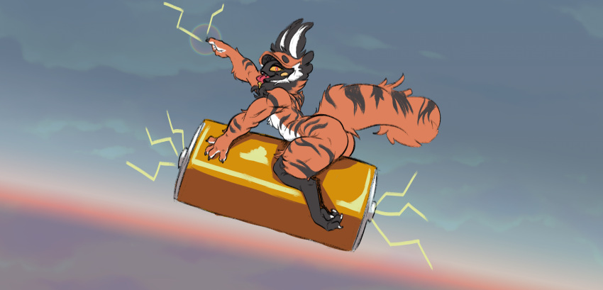 anthro avian_feet battery electricity electro_tiger hi_res impim kentuckiyucki looking_at_viewer male pose skyline smile solo tongue tongue_out