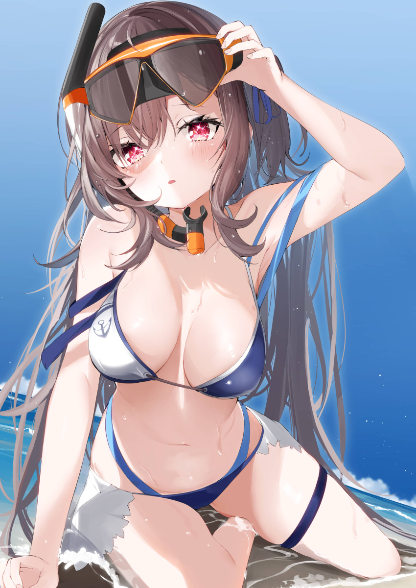 1girl absurdres anchor_symbol arm_up bangs bare_shoulders bikini blue_bikini blue_sky breasts brown_hair cloud collarbone day diving_mask diving_mask_on_head goggles goggles_on_head hair_between_eyes highres horizon kamioka_shun'ya looking_at_viewer medium_breasts navel ocean original outdoors parted_lips red_eyes sky snorkel solo swimsuit water white_bikini