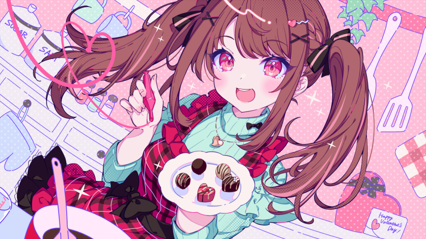 1girl :d apron bangs black_bow blush bow box brown_hair candy chocolate commentary_request cup english_text fingernails floating_hair food green_shirt hair_bow hair_ornament hairclip halftone hands_up head_tilt heart heart-shaped_box heart-shaped_chocolate heart_necklace holding holding_plate indie_virtual_youtuber jar jewelry kitchen long_hair long_sleeves looking_at_viewer measuring_cup mittens multicolored_hair nanahira necklace pink_eyes plaid plaid_apron plate red_apron round_teeth shirt sidelocks smile solo sparkle spatula streaked_hair striped striped_bow striped_shirt tatejima_uri teeth turtleneck twintails upper_teeth_only valentine x_hair_ornament