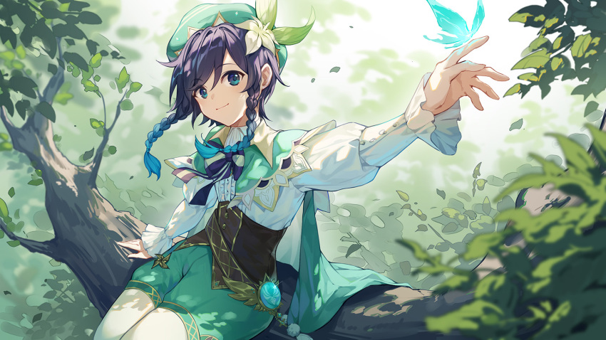 1boy bangs beret black_bow black_hair blue_eyes blue_hair blurry bow braid cape capelet closed_mouth collared_capelet commentary corset crystalfly_(genshin_impact) depth_of_field falling_leaves floating_hair flower genshin_impact gradient_hair green_cape green_capelet green_headwear green_shorts hair_between_eyes hat hat_flower head_tilt highres juliet_sleeves leaf long_sleeves looking_at_viewer male_focus multicolored_hair outstretched_arm panpanmeiyou_hp pantyhose puffy_sleeves shirt short_hair_with_long_locks shorts side_braids sitting sitting_on_branch smile solo striped striped_bow swept_bangs tree twin_braids two-sided_cape two-sided_fabric venti_(genshin_impact) vision_(genshin_impact) white_flower white_pantyhose white_shirt