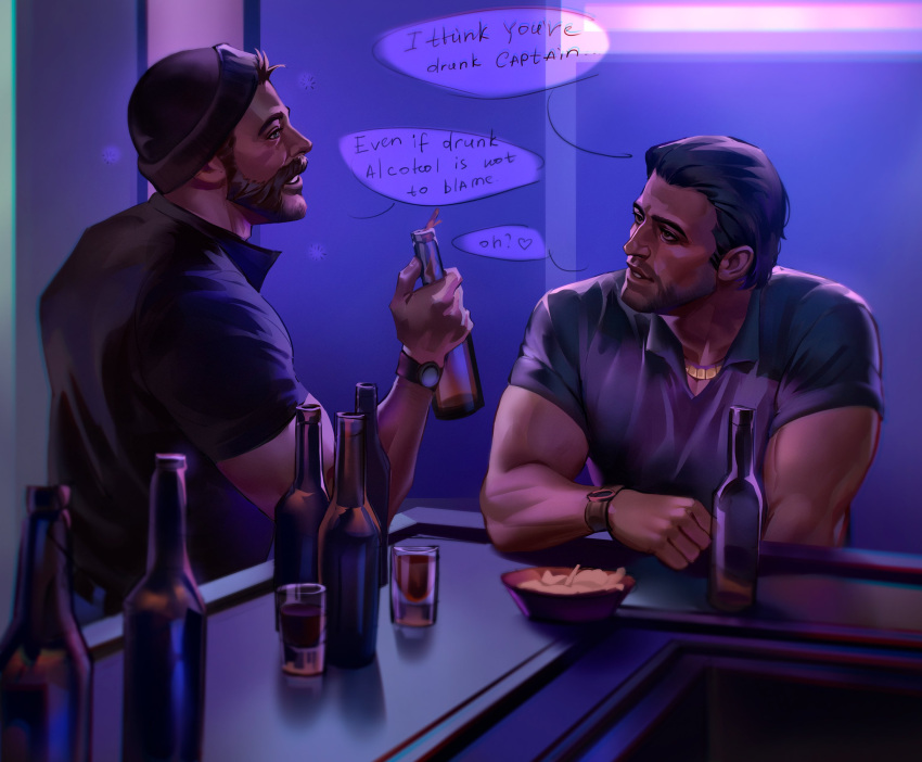 2boys absurdres alcohol bar_(place) beard black_hair black_shirt bottle call_of_duty call_of_duty:_modern_warfare_2 captain_price cup drinking_glass english_text facial_hair hat highres holding holding_bottle jewelry looking_at_another male_focus multiple_boys muscular muscular_male necklace nikolai_(modern_warfare) sasha_shkret shirt short_hair watch wristwatch