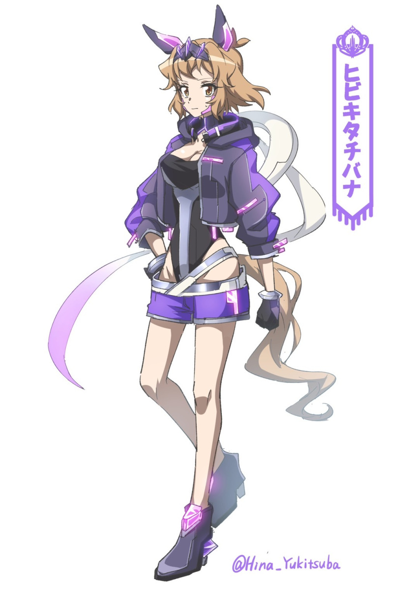 1girl artist_name blonde_hair boots breasts cleavage commentary_request eyelashes gloves hair_ornament highres jacket looking_at_viewer medium_breasts purple_footwear purple_jacket senki_zesshou_symphogear senki_zesshou_symphogear_xd_unlimited short_hair simple_background solo standing tachibana_hibiki_(symphogear)_(another) translation_request twitter_username white_background yellow_eyes yukitsuba_hina
