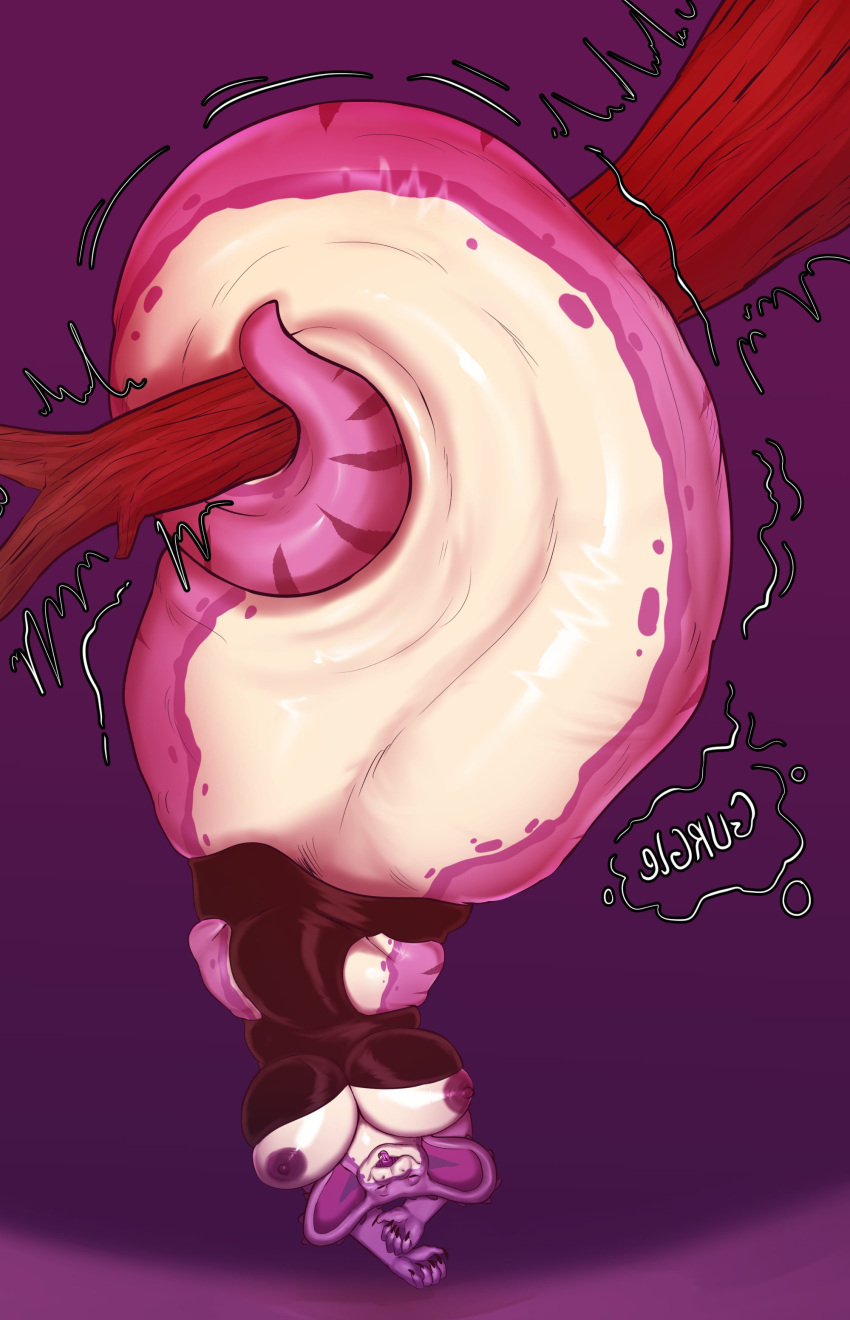 &lt;3 absurd_res after_vore anthro apode azathura belly big_belly big_breasts bloated bodily_fluids bodily_noises breasts clothing digestion draconcopode dress dripping fatal_vore female female_pred hanging_by_tail hi_res huge_breasts imminent_death legless long_tongue naga onomatopoeia oral_vore pink_body pink_scales reptile saliva saliva_drip scales scalie serpentine snake snake_hood solo sound_effects tail text tight_clothing tongue unseen_character upside_down vore yesenia_(character)