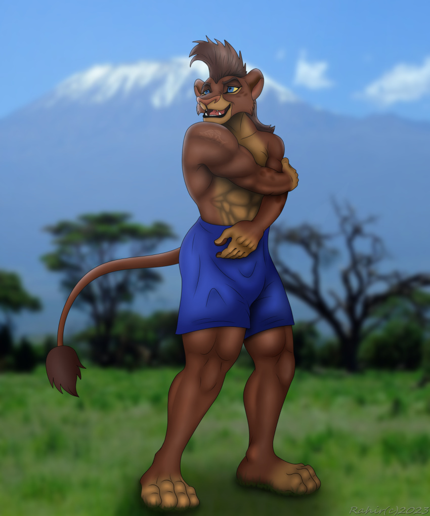 anthro baliyo bottomwear clothing digital_media_(artwork) disney domestic_cat felid feline felis furry hi_res invalid_tag jacked lion lion_guard male mammal mohawk muscular pantherine savanna shirtless shorts shredded the_lion_king