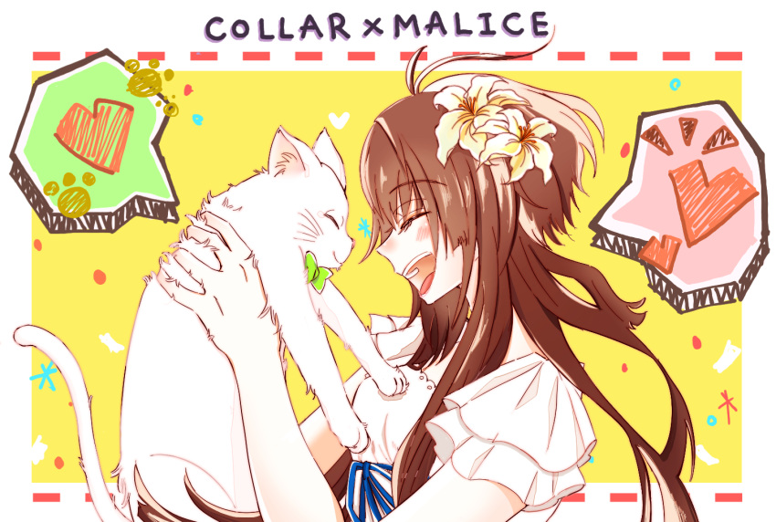 1boy animal animalization blush border brown_hair cat closed_eyes collar_x_malice copyright_name heart holding holding_animal holding_cat hoshino_ichika_(collar_x_malice) mozoko64 open_mouth shiraishi_kageyuki shirt short_sleeves smile white_border white_cat white_shirt yellow_background