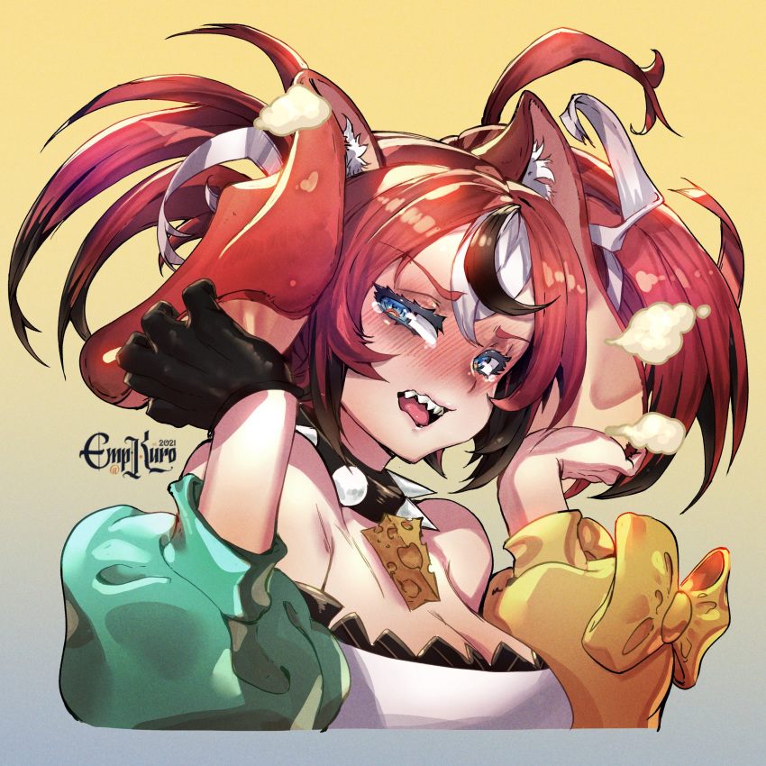 1girl absurdres animal_ear_fluff animal_ears artist_name bangs black_collar black_hair blue_eyes blush breasts cheese cleavage collar collarbone detached_sleeves empikuro english_commentary floppy_ears food hair_ribbon hakos_baelz highres holding_ears hololive hololive_english medium_breasts mouse_ears multicolored_hair open_mouth red_hair ribbon sharp_teeth solo spiked_collar spikes strapless streaked_hair tearing_up teeth tongue tube_top twintails virtual_youtuber white_hair white_ribbon white_tube_top