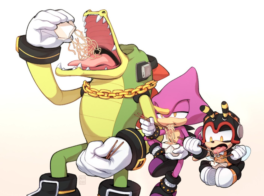 3boys bee bug chameleon charmy_bee chopsticks closed_eyes crocodile crocodilian eating espio_the_chameleon food gloves holding holding_chopsticks kiioki11 multiple_boys noodles open_mouth ramen sonic_(series) vector_the_crocodile white_background white_gloves yellow_eyes