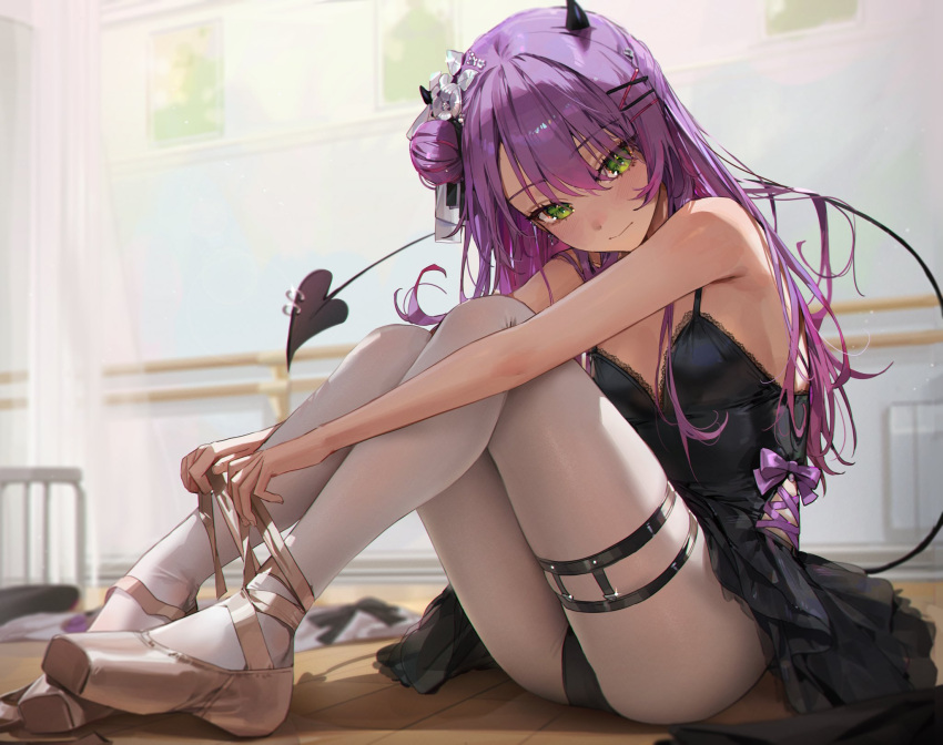 1girl asymmetrical_hair ballerina ballet_slippers bangs black_dress demon_tail dress frilled_dress frills green_eyes hair_bun hair_ornament highres hololive horns kellymonica02 lace long_hair looking_at_viewer pantyhose purple_hair railing sidelocks single_hair_bun sitting tail thigh_strap tokoyami_towa white_pantyhose