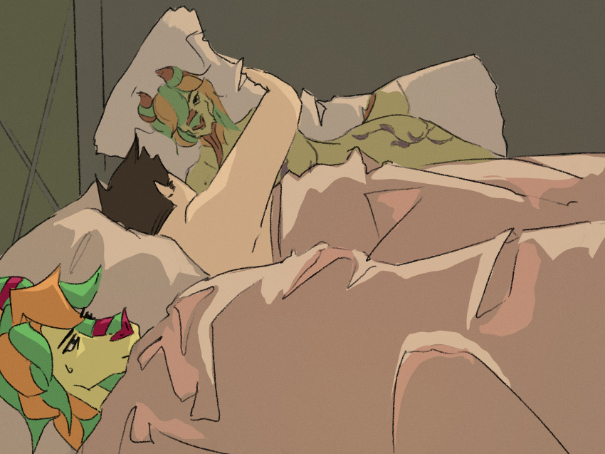 a_dragon's_tale_of_tails ah_yes._me._my_girlfriend. anthro bed bedroom body_pillow cynthia_(adtot) discontent dragon duo female furniture hair hi_res horn hugging_pillow human humanoid hun_(adtot) male male/female mammal meme miaotwo multicolored_hair pillow thousand_yard_stare two_tone_hair yellow_body