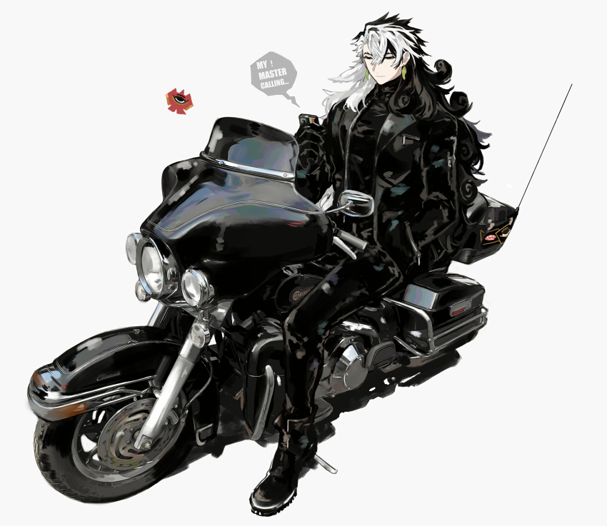 1boy absurdres alternate_costume ashiya_douman_(fate) asymmetrical_hair biker_clothes bikesuit black_eyes black_hair bodysuit curly_hair earrings english_text fate/grand_order fate_(series) full_body hair_between_eyes highres jewelry long_hair magatama magatama_earrings male_focus matsuno_(mat8k) motor_vehicle motorcycle multicolored_hair official_alternate_hairstyle solo two-tone_hair very_long_hair white_hair