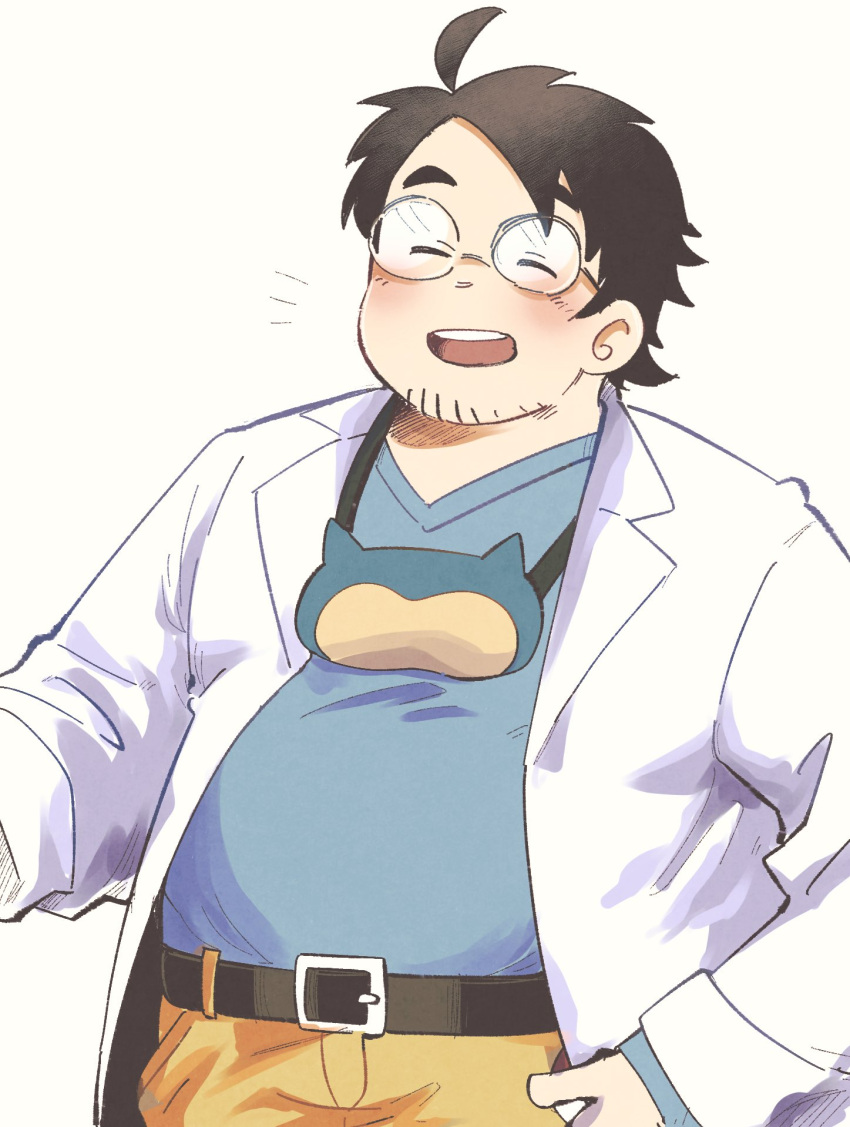 1boy bara belt black_hair cowboy_shot facial_hair glasses highres labcoat laughing male_focus merchandise pants plump pokemon professor_neroli round_eyewear sawch_cls short_hair snorlax solo stubble thick_eyebrows yellow_pants